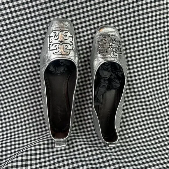 Tory Burch Ines Metallic Leather Ballet Flats Silver Square Toe Womens Size 10 - Picture 1 of 6